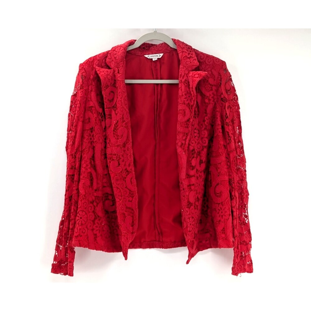 Nanette Lepore Red Lace Open Collared Blazer Jacket Cardigan Womens Size Large